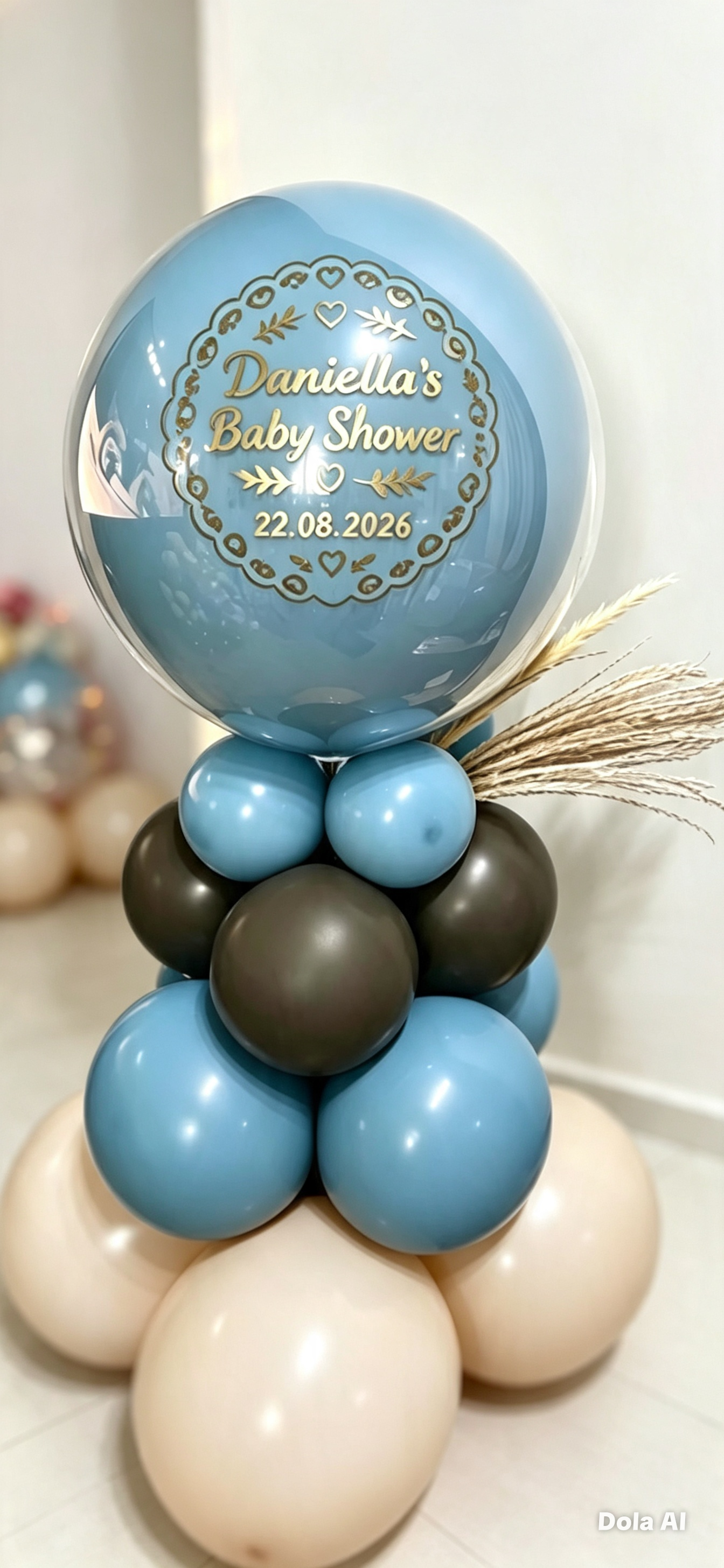 Personalised baby shower balloon stack in blue and cream